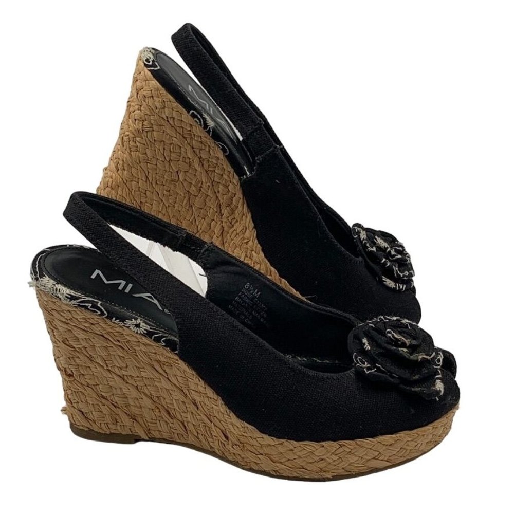 MIA Wedge Womens Black Casual Shoes Size 8.5M Fabric Open Toe Flower